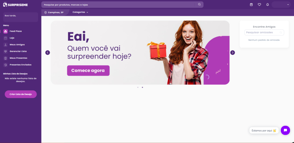 Página Inicial da SurpriseMe - Plataforma de Presenteamentos Online